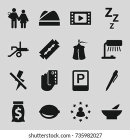 Art icons set. set of 16 art filled icons such as razor, bowl, lemon, no flash, parking, chef hat, tent, cannon, user surrounded by stars, movie tape, pen, table lamp