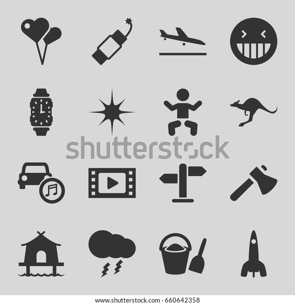 Art icons set. set of 16\
art filled icons such as kangaroo, plane landing, baby, axe,\
laughing emot, star, car music, firework, thunderstorm, direction,\
tent
