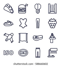 art icons set. Set of 16 art outline icons such as airport desk, mulberry, corset, woman pants, taco, double burger with flag, studio curtain, ISO, meat, heating system
