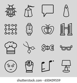 Art icons set. set of 16 art outline icons such as bridge, butterfly, dress, french fries, ladybug, chat, medical scissors, music note, chef hat, electric circuit, wrist watch