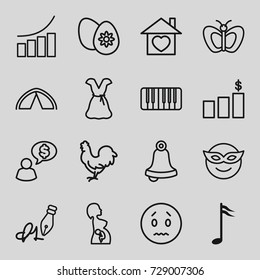Art icons set. set of 16 art outline icons such as chicken, butterfly, dress, graph, home with heart, pregnant woman, piano, music note, ink pen, easter egg, tent