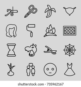 Art icons set. set of 16 art outline icons such as hippopotamus, onion, chili, manicure scissors, hairstyle, spider web, dress, roller, garden tools, fence, bladder, banana