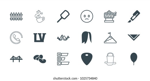 Art icons. set of 18 editable filled and outline art icons: bean, mirror, cravat, cutter, bridge, guitar mediator, balloon, fence, slot machine, sad emot, lovebirds, statistic
