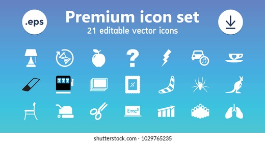 Art icons. set of 21 editable filled art icons includes apple, spider, photos, boomerang, flash, question, cup with heart, chart, harmonica, car music, scissors, photo, chair