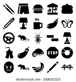 Art icons. set of 25 editable filled art icons such as banana, eggplant, mouse, pen, purse, table lamp, carousel, building block, wheel, sport shorts, bridge, pie chart, tent
