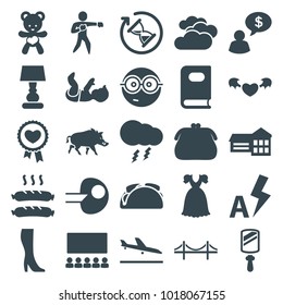 Art icons. set of 25 editable filled art icons such as plane landing, cloudy weather, book, purse, school, nerd emoji, core, bear teddy, classroom, sausage, auto flash