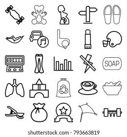 Art icons. set of 25 editable outline art icons such as bridge, toy tower, woman in hammock, slot machine, woman pants, sack, lungs, garden tools, cup with heart, chart