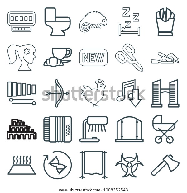 Art icons. set of\
25 editable outline art icons such as bridge, baby stroller, gate,\
toilet, axe, table lamp, bow, eating mouth, french fries, coffee\
and croissant, xylophone