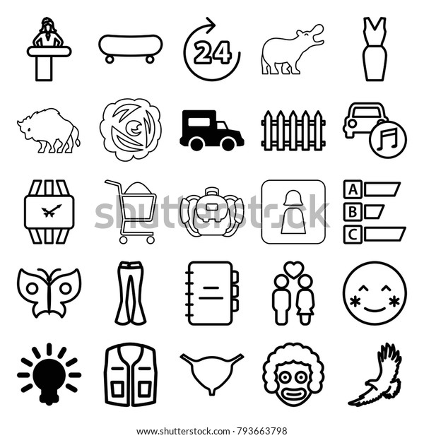 Art icons. set of 25\
editable outline art icons such as bulb, truck, 24 hours, airport\
desk, eagle, fence, sleeveless shirt, woman pants, dress, blush,\
skate, clown, bladder