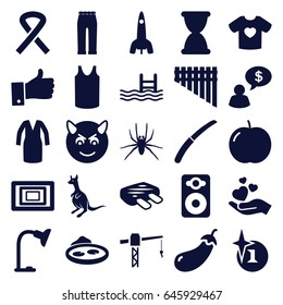 Art icons set. set of 25 art filled icons such as apple, eggplant, spider, kangaroo, explosion, singlet, dress, woman pants, construction crane, devil emot, gardening knife