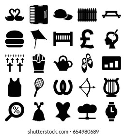 Art icons set. set of 25 art filled icons such as baby bed, kite, corset, singlet, dress, french fries, swan heart, brain surgery, harmonic, harp, teapot, tennis rocket