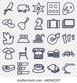 Art icons set. set of 25 art outline icons such as buffalo, sparrow, hippopotamus, bean, greek column, photos, explosion, t-shirt with heart, heart key, cup with heart