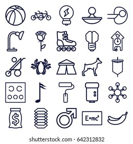 Art icons set. set of 25 art outline icons such as dog, beetle, tent, baby stroller, male, banana, basketball, eye test, music note, table lamp, stamp, camera flash