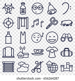 Art icons set. set of 25 art outline icons such as cloudy weather, hippopotamus, baby stroller, manicure scissors, gate, singlet, spray paint, swing, milk, t-shirt with heart