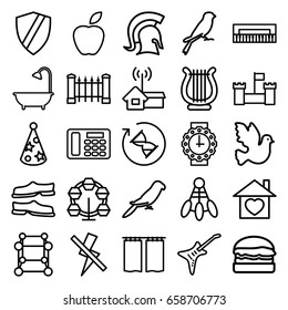 Art icons set. set of 25 art outline icons such as parrot, sparrow, fence, slippers, shower, home with heart, guitar, harp, desk phone, party hat, no flash, burger, curtain