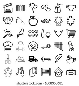 Art Icons. Set Of 36 Editable Outline Art Icons Such As Truck, Bean, Tree, Sparrow, Baby Bed, Children Panties, Puzzle, Shopping Cart, Sad Smiley, Feather, Eating Mouth