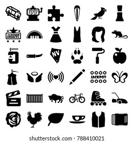 Art icons. set of 36 editable filled art icons such as animal paw, barn, hairstyle, nail polish, slot machine, lottery, jackpot, singlet, sleeveless shirt, pen, apple, leaf