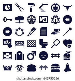 Art icons set. set of 36 art filled icons such as fence, bull skull, arrow left, arrow right, ferris wheel, male, mirror, sparklers, laundry, toilet, cutter, sad emot