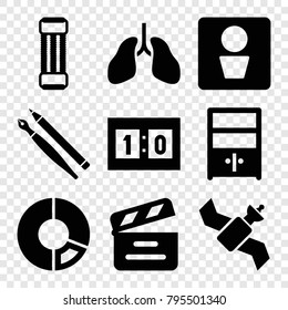 Art icons. set of 9 editable filled art icons such as man wc, pie chart, expander sport, movie clapper, cupboard, sport score, pen, lungs