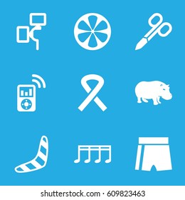 Art icons set. set of 9 art filled icons such as hippopotamus, boomerang, manicure scissors, lemon, music note, ribbon, camera flash, mp3 player