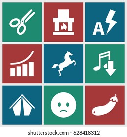 Art icons set. set of 9 art filled icons such as graph, sad emot, aubergine, scissors, auto flash, horse, eating mouth, fireplace