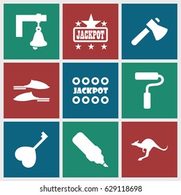 Art icons set. set of 9 art filled icons such as kangaroo, Jackpot, slippers, axe, heart key, paint roller, bell