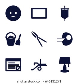 Art icons set. set of 9 art filled icons such as sad emot, garden tools, burst, plan, bucket and shovel, sail, cannon, core