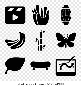 Art icons set. set of 9 art filled icons such as banana, butterfly, bamboo, french fries, movie clapper, pen tool on tablet, wrist watch, skate