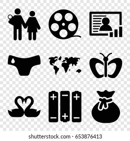 Art icons set. set of 9 art filled icons such as children panties, butterfly, swan heart, photo, battery, sack, world map, couple with newborn