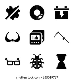 Art icons set. set of 9 art filled icons such as bra, no wash, battery, scythe, ladybug, loud speaker with equalizer, glasses, hourglass