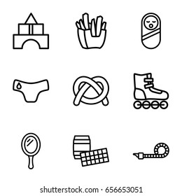 Art icons set. set of 9 art outline icons such as children panties, baby food, toy tower, mirror, french fries, party pipe, pretzel, roller skate