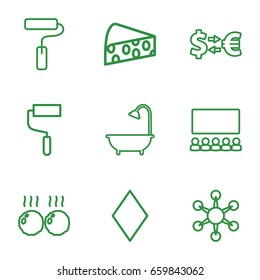 Art icons set. set of 9 art outline icons such as diamonds, shower, roller, paint roller, meat, cheese, money exchange, virus