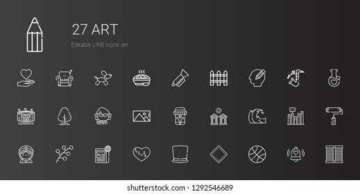 art icons set. Collection of art with basketball, patch, top hat, broken heart, newspaper, branch, seer, wave, cabins, smartphone, picture, teacher. Editable and scalable art icons.