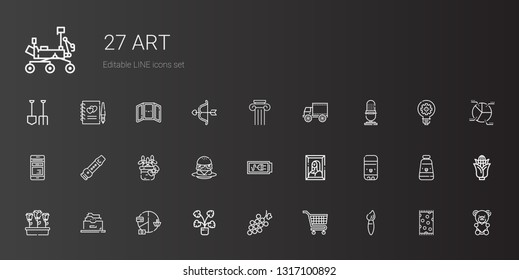 art icons set. Collection of art with brush, carts, grape, decorative, pie chart, filing cabinet, flowers, glue stick, painting, battery, burger. Editable and scalable art icons.