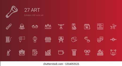 Art Icons Set. Collection Of Art With Face Mask, Column, Potty, Bar Chart, Smartphone, Flowers, Spray, Pawprints, Heart, Canvas, Fence, Hot Air Balloon. Editable And Scalable Art Icons.