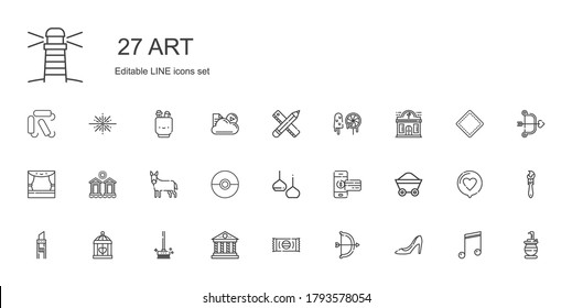 art icons set. Collection of art with high heels, archery, sweet, parthenon, brushes, cage, cutter, wagon, smartphone, light, pokeball, donkey. Editable and scalable art icons.