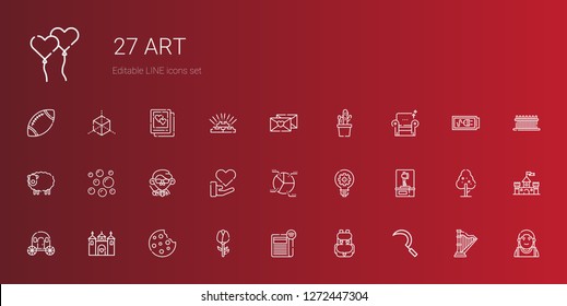 art icons set. Collection of art with sickle, backpack, newspaper, rose, cookie, castle, carriage, axe, idea, pie chart, love, teacher, bubbles. Editable and scalable art icons.