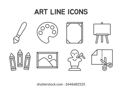 Art Icons Set featuring 8 editable line icons in a clean and minimal style. Ideal for use in art class materials, creative design, educational content, digital planners, and craft-related projects.