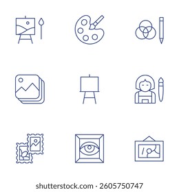 Art icons set. Thin Line style, editable stroke. art and design, art, abstract art, color palette, teacher, gallery, eye, stamp.