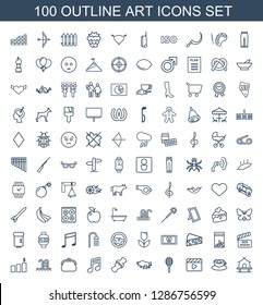 art icons. Trendy 100 art icons. Contain icons such as tent, cup with heart, movie clapper, tennis rocket, buffalo, bone, note, purse, swimming pool. art icon for web and mobile.
