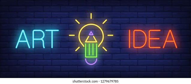 Art idea neon text and light bulb with pencil. Idea concept design. Night bright neon sign, colorful billboard, light banner. Vector illustration in neon style.