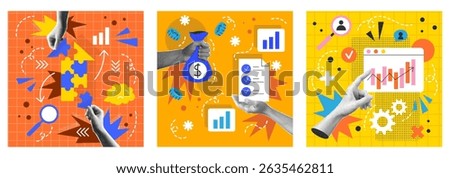 Art idea. Work startup. Modern halftone hand. Brain concept. Business innovation lightbulb. Student paper finger. Growth chart. Money investment. Vector abstract education garish collage posters set