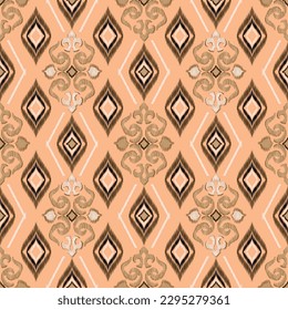Art of Ikat ethnic embroidery design seamless pattern. This pattern design for fabric, textile, wallpaper. 