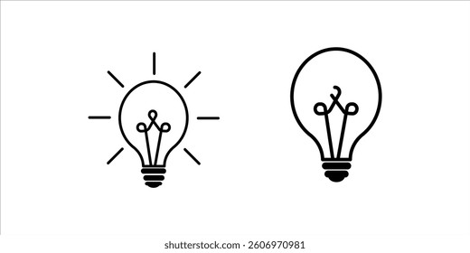 Art  IlluLightbulb icon set, on light background. Idea symbol. Electric lamp, light, innovation, solution, creative thinking, electricity. Outline, flat and colored style. Flat design.