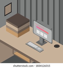 Art & Illustration about desk for office room or workspace with computer and some book 