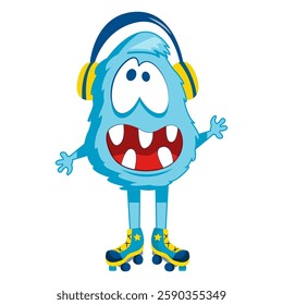 Art and illustration. A blue monster with headphones and roller skates.