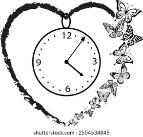 Art illustration with a clock in a heart.Vector abstract illustration with clock in heart and butterflies.