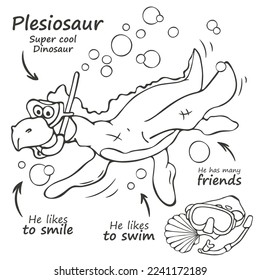 Art. illustration. Coloring. Dinosaur plesiosaur. Vector. Dinosaur character design. Cute dinosaur swimming underwater. Fashion illustration