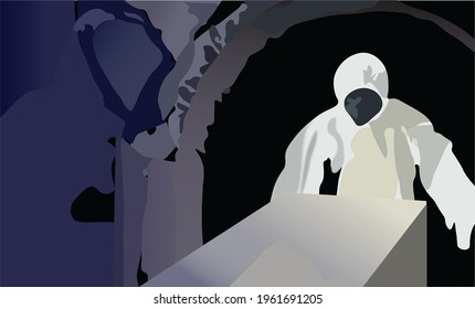 Art and Illustration corona virus health worker with coffin and room for cremation of covid 19's body. Medical officer anti virus uniform