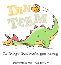 Art illustration. Dinosaur basketball player cool playing with the ball. Fan t-shirt design for kids. Vector print. Dinosaur character design. Fashion illustration for clothes
